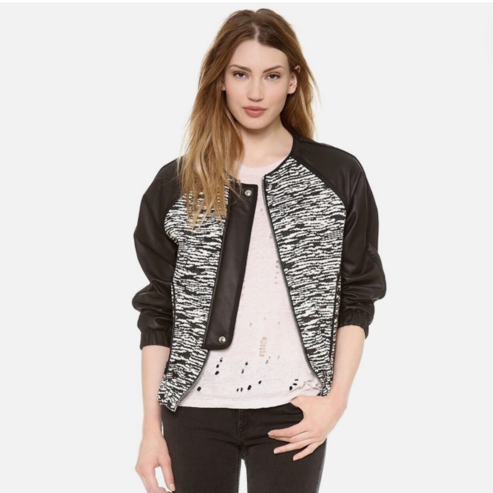 IRO Jett Zip Up BOUCLE tweed Leather Moto Jacket •34/XS black white marbled